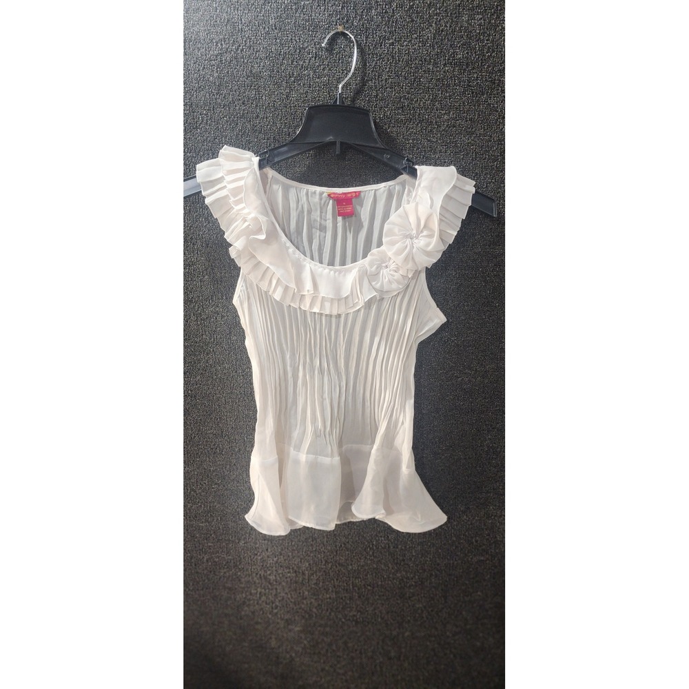 Sunny Leigh White Pleated Ruffle Rosette Sleeveless Chiffon Blouse Top Medium